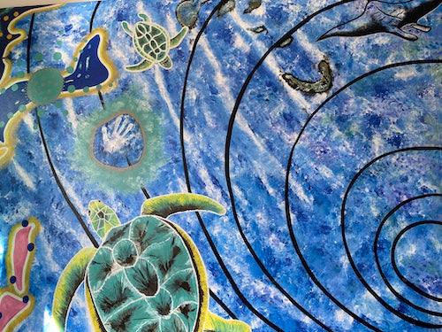 street art image of sea creatures (turtles, fish, jellyfish) swimming around swirling water of blue