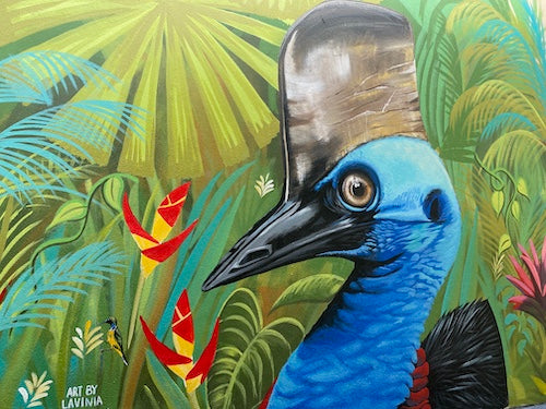 street art image of a cassowary with a bright blue head and a backdrop of jungle including palms and birds of paradise flowers
