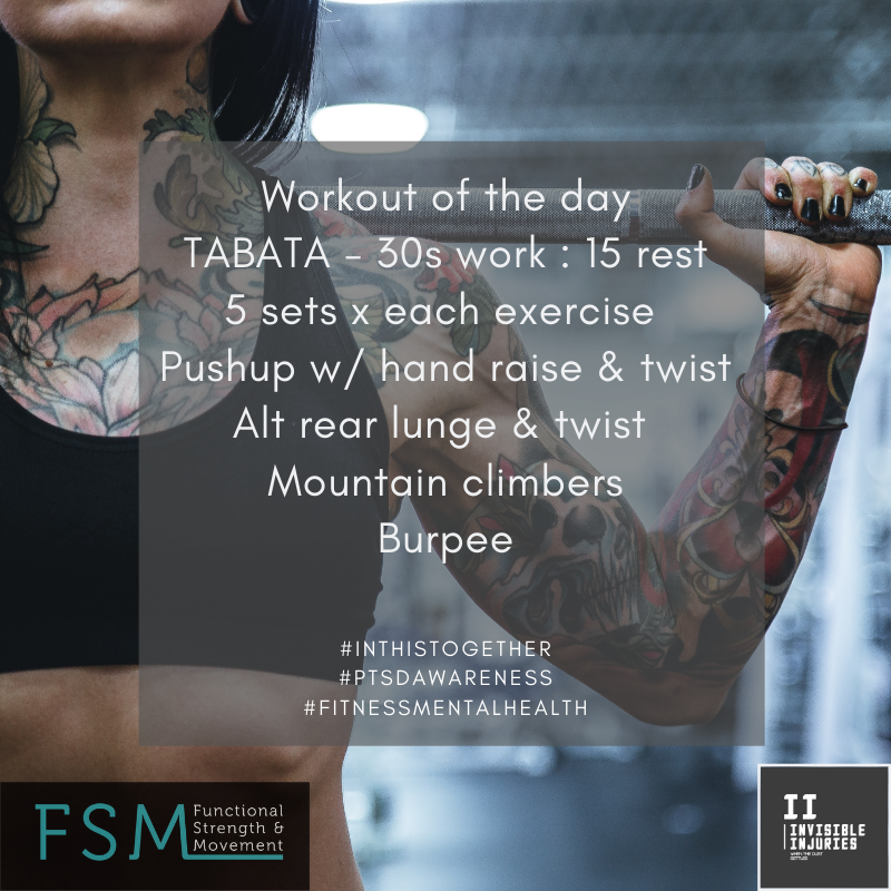 Tattoed woman with black crop top holding barbel on shoulders with workout in text