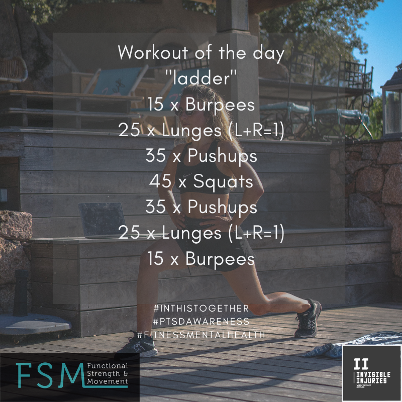 Blonde woman with hands on hips smiling doing a lunge on wooden decking with workout in text