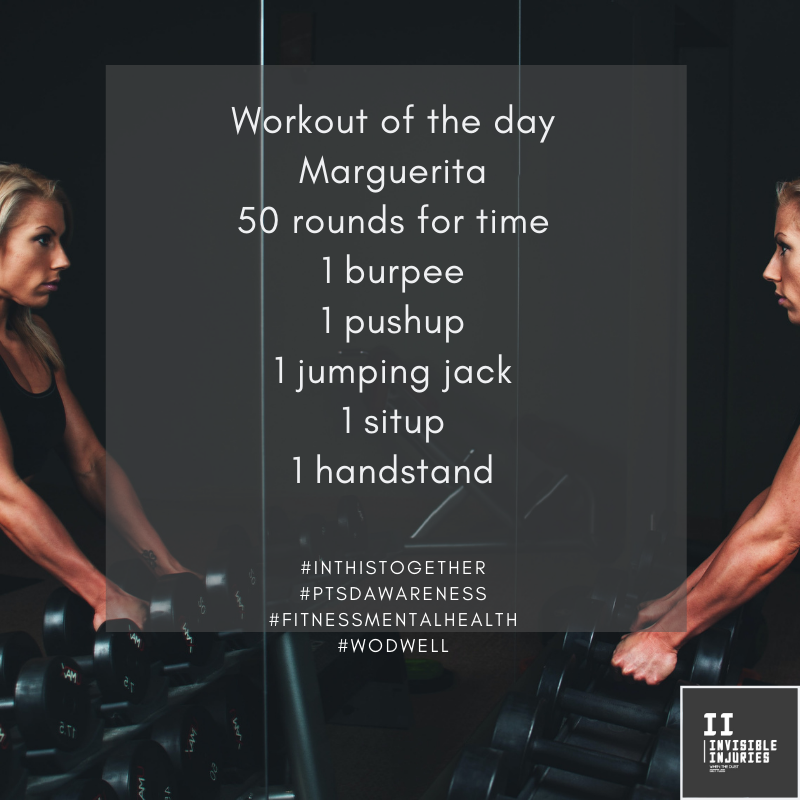 mirrored image of attractive blonde woman in gym picking up dumbels with workout in text