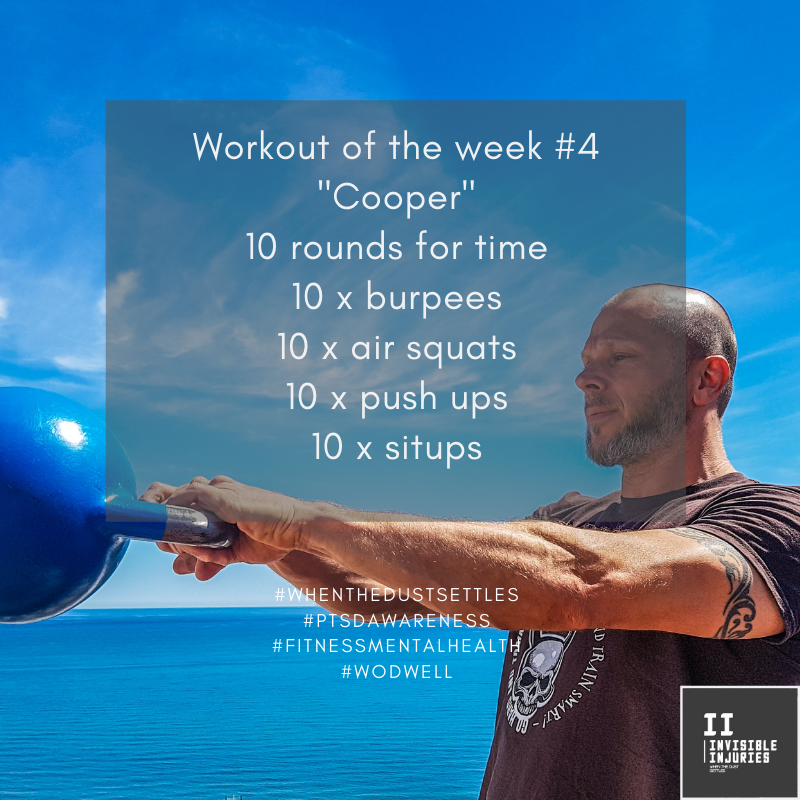 man in grey tank top swinging kettlebell with ocean in background and workout in text