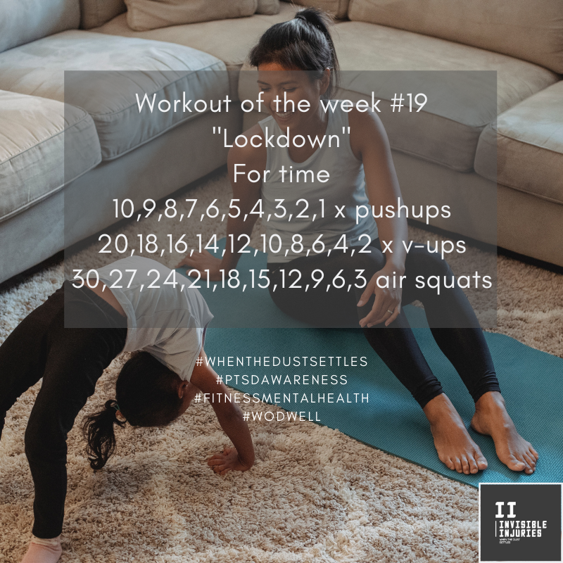 young mother smiling at her daughter doing a backbend on living room floor with workout in text