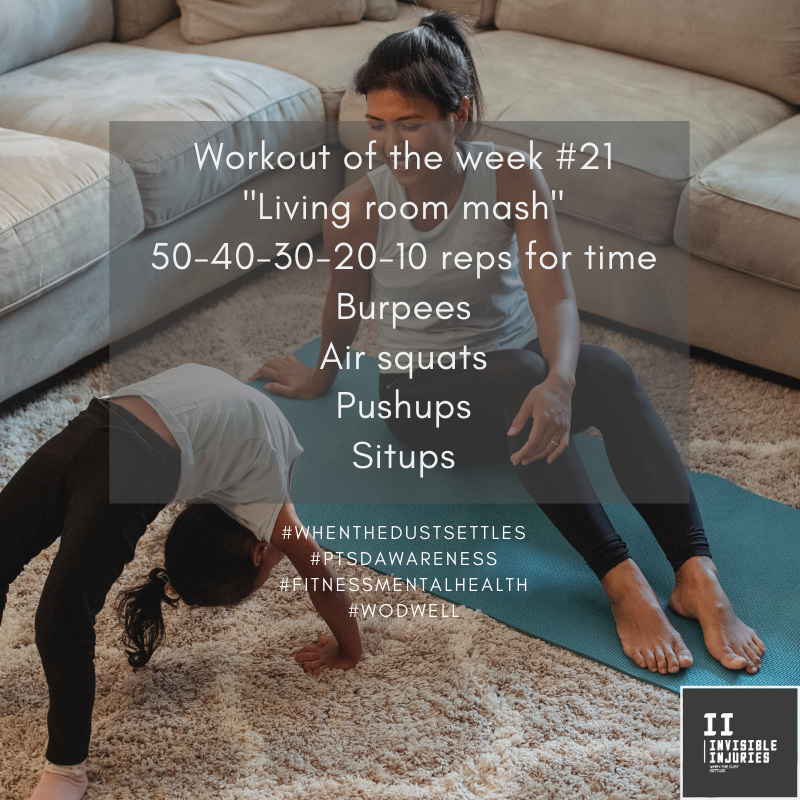 woman and daughter on living room floor exercising with workout in text