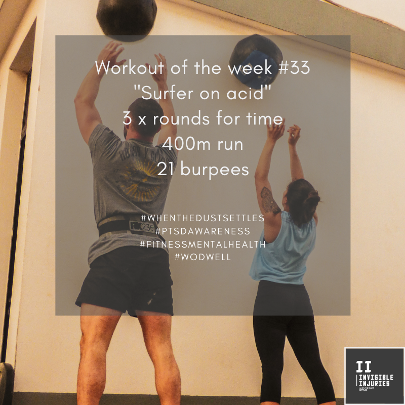attractive man & woman in gym gear doing wall ball excercises with workout in text