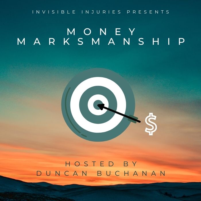 target with arrow in bullseye and dollar sign with money marksmanship title