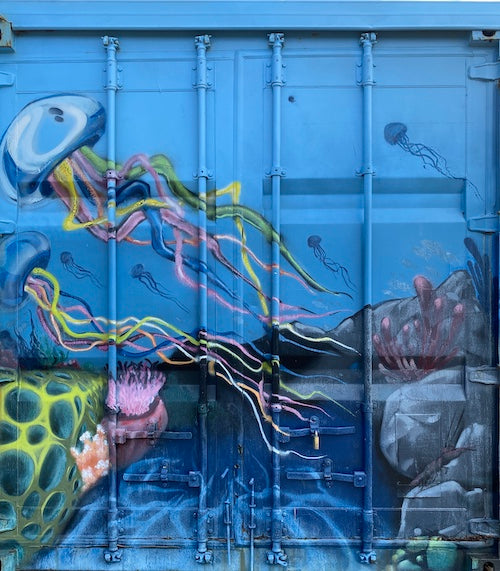 street art image on the side of a shipping container showing large colourful jellyfish and marine animals swimming in the water
