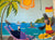 street art image of a black cockatoo standing on a surfboard in the yellow/red lifesaver uniform and cassowary on a recliner on a tropical beach and crocodile standup paddleboarding in the ocean