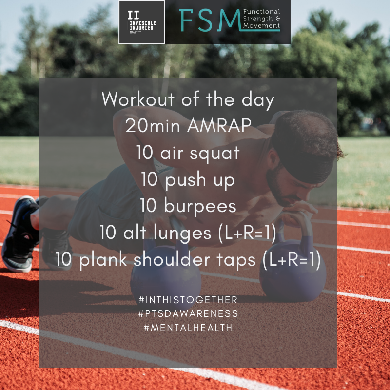 topless man with backwards cap in pushup position holding dumbells along a red running racetrack