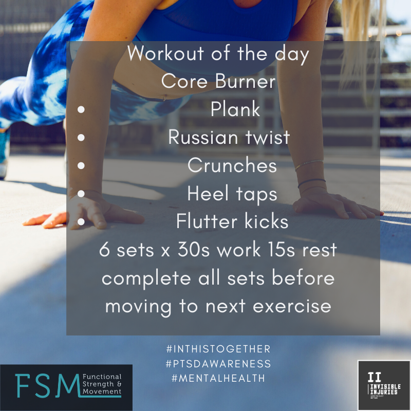 attractive blonde woman in blue crop and blue camo leggings in plank pose in outdoor urban area and workout described in text