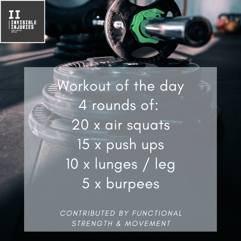 close up of barbell on top of stacked weights on gym floor with workout of the day in text