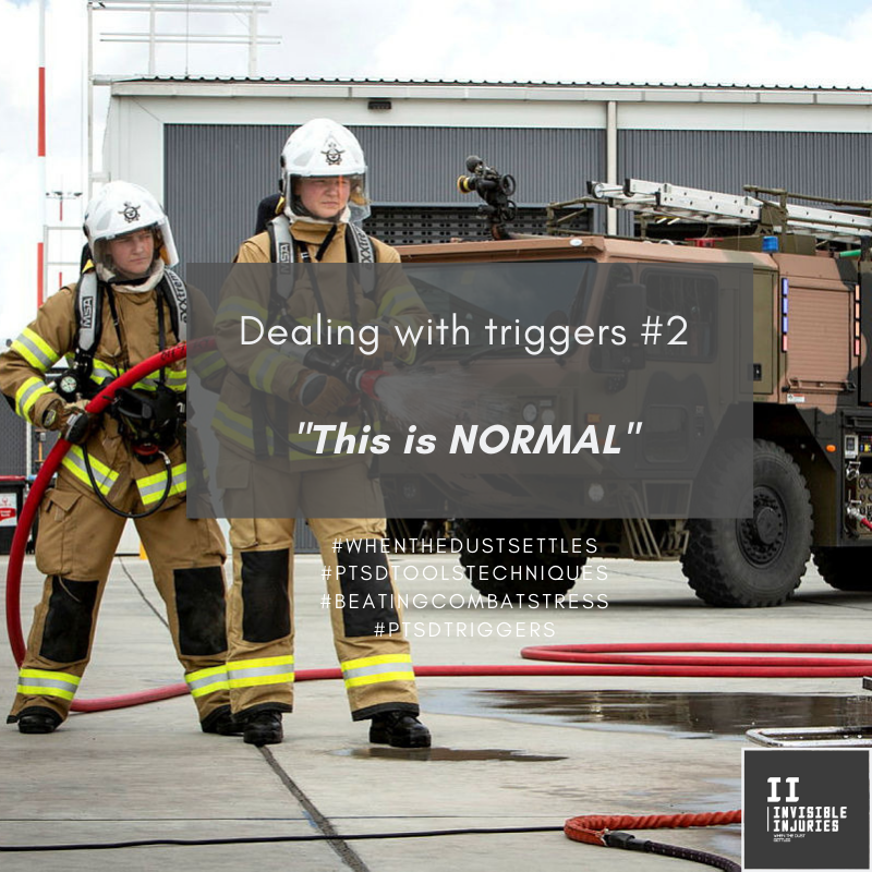 two firefighters training in the firehouse with messaging in text